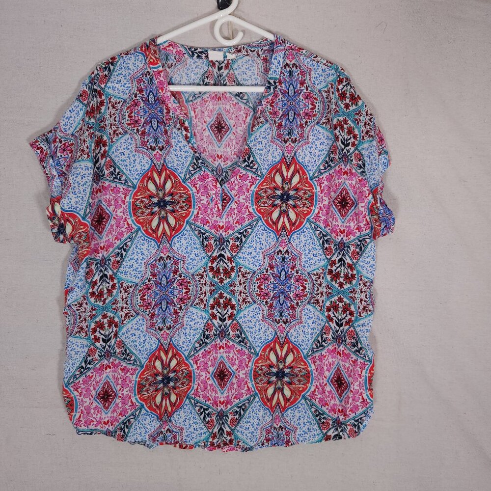 Gap Pullover Top Womens XL Boho Floral Medallion Print Short Sleeves Festival